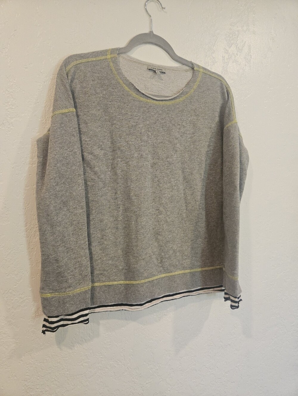 Lisa Todd Sweater Gray With Black & White Hem Neon Yellow Stitching Size Small.